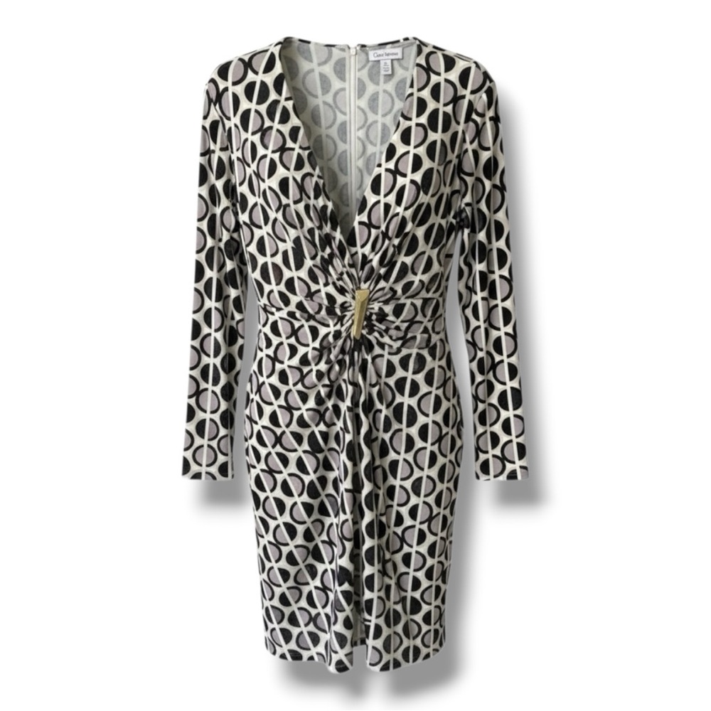 CALVIN KLEIN Women's Geo Print Faux Wrap Dress Long Sleeve Black Gray Size 14